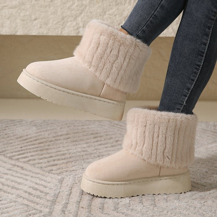 Thick-Soled Plush Snow Boots for Women - Warm Mid-Tube Furry Short Boots