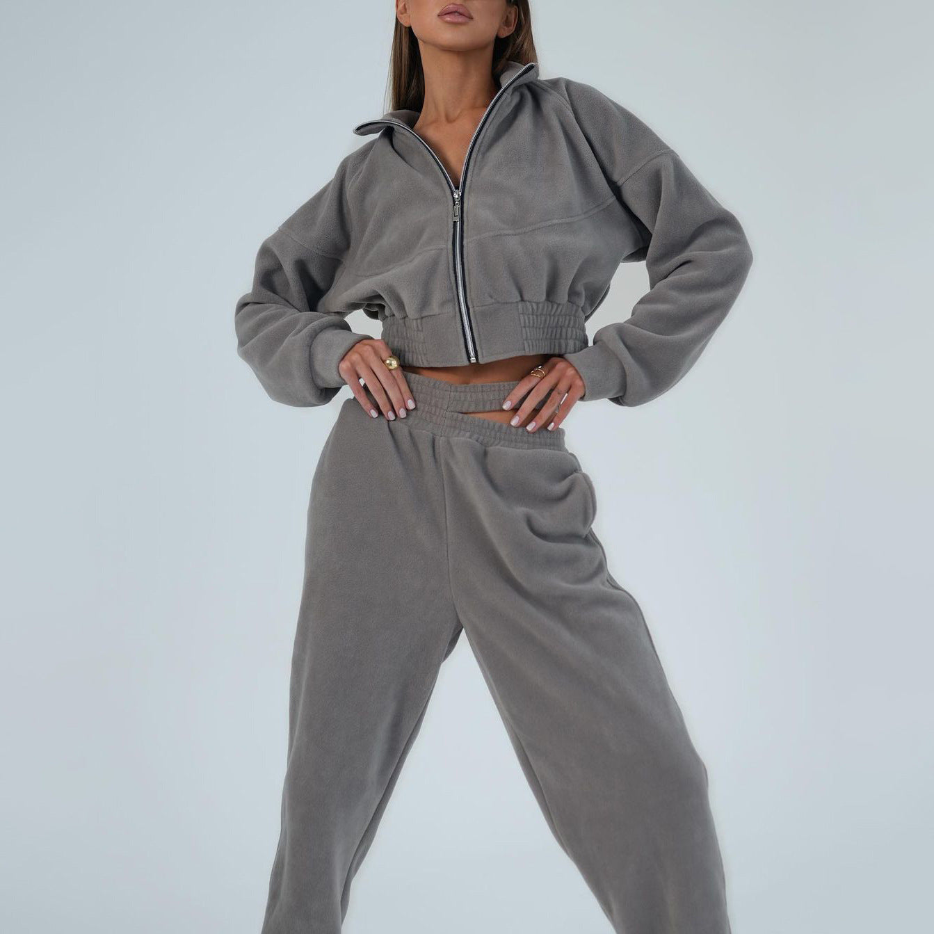 Zipped Stand Collar Polar Fleece Jacket & Double Pants Suit