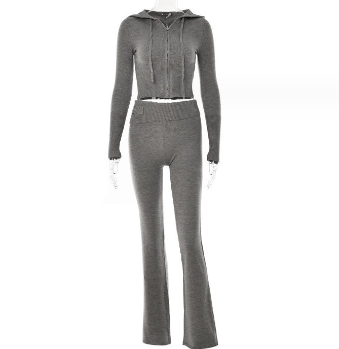 Zip Long Sleeve Sweater And High Waist Long Pants Set