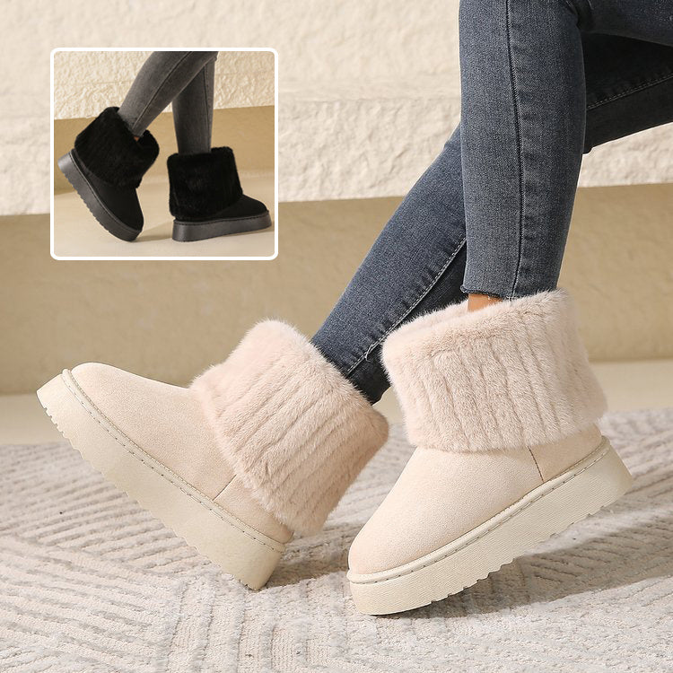 Thick-Soled Plush Snow Boots for Women - Warm Mid-Tube Furry Short Boots