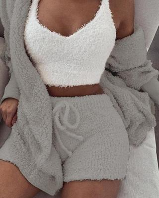 3-Pcs Long Sleeve Crop Top & Drawstring Shorts Set