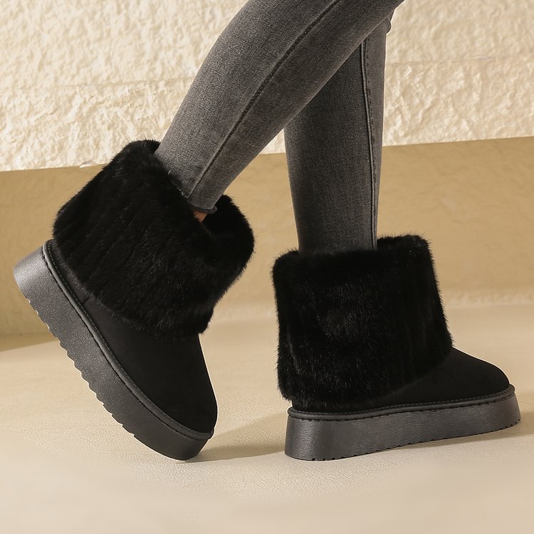 Thick-Soled Plush Snow Boots for Women - Warm Mid-Tube Furry Short Boots