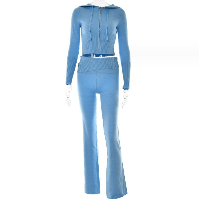 Zip Long Sleeve Sweater And High Waist Long Pants Set