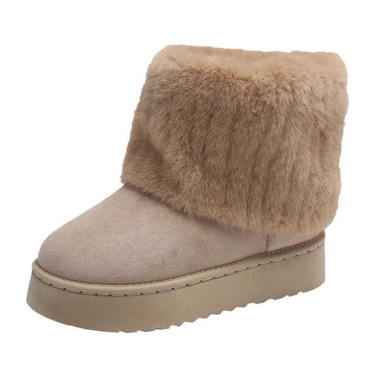 Thick-Soled Plush Snow Boots for Women - Warm Mid-Tube Furry Short Boots